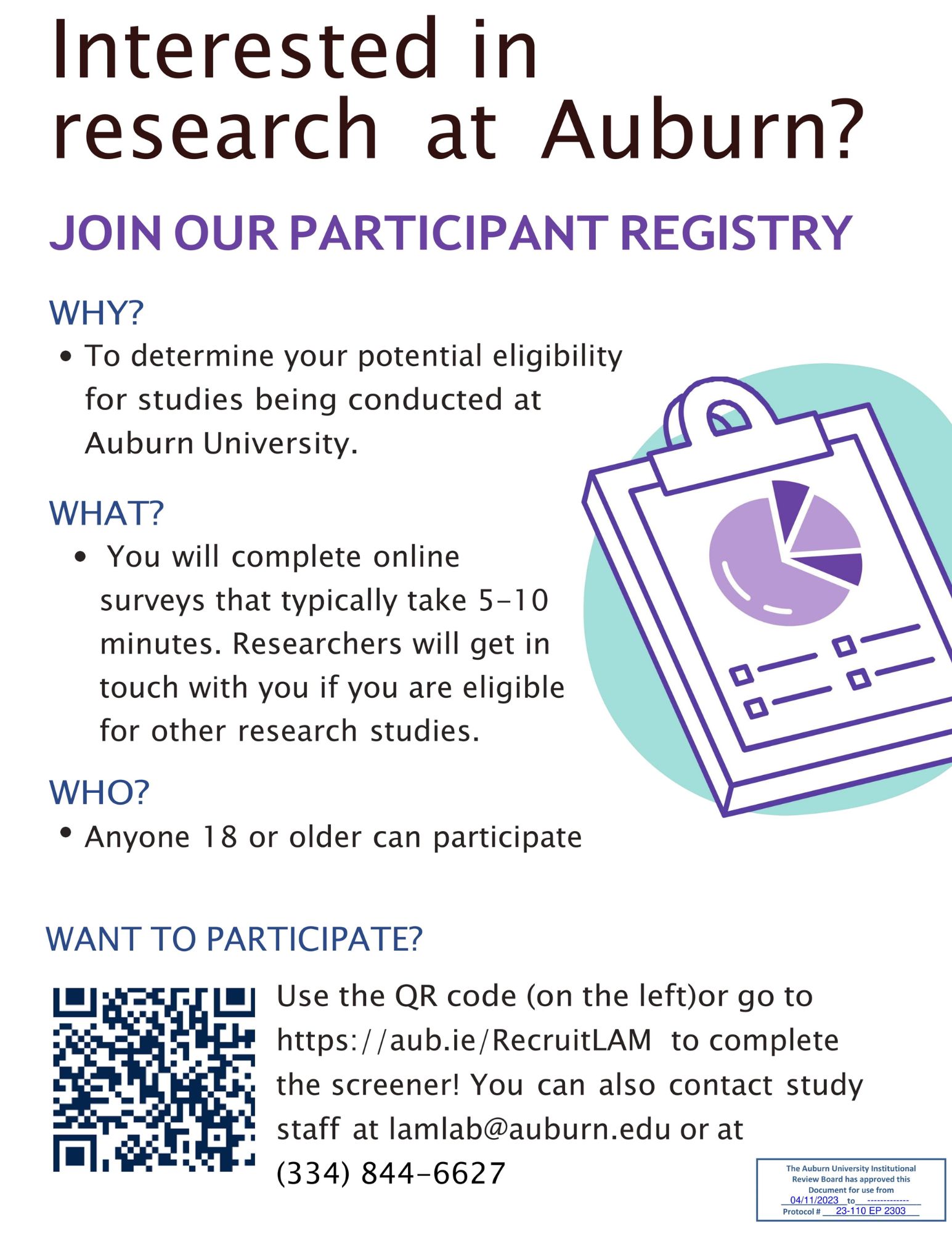 Interested in participating in an Auburn University research study? Scan the QR code for more information.